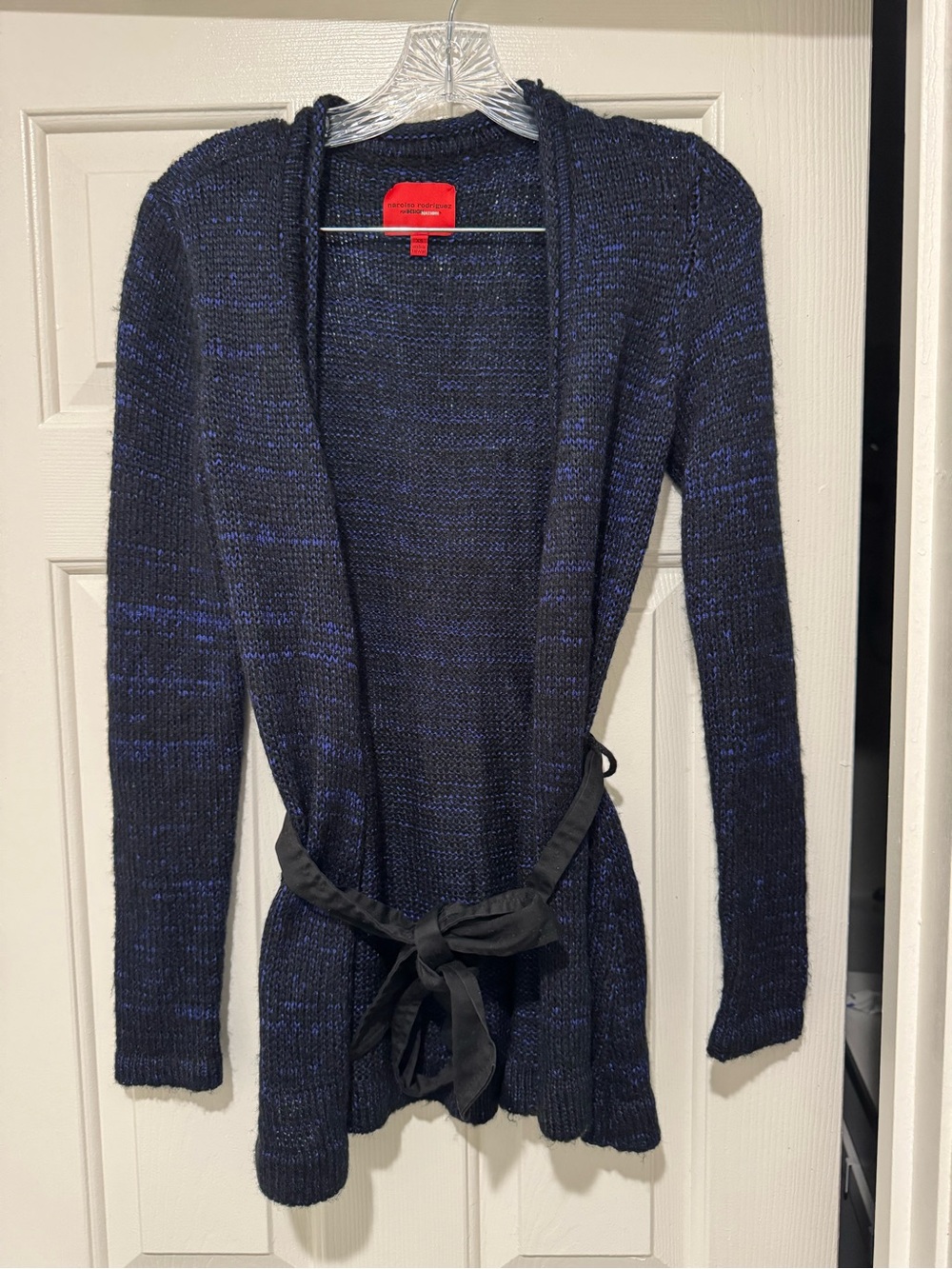 Women’s Navy Blue Open-Front Knit Sweater Cardigan with Tie Belt